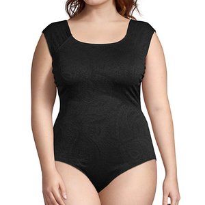 Lands End Cap Sleeve Paisley Texture Ballerina Back Swimsuit, Size 16W